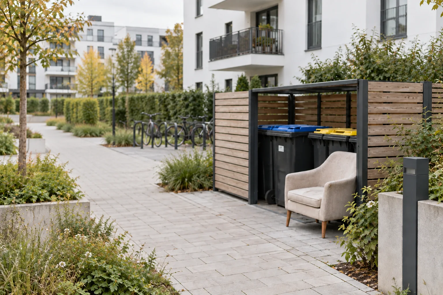 Gemeldeter Sperrmüll an einem gepflegten Müllplatz